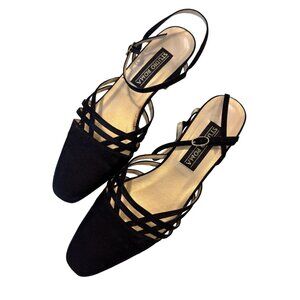 Vintage Studio Roma Black Gold Strap Shoe Heel 7.5 Classic women’s GENTLY used